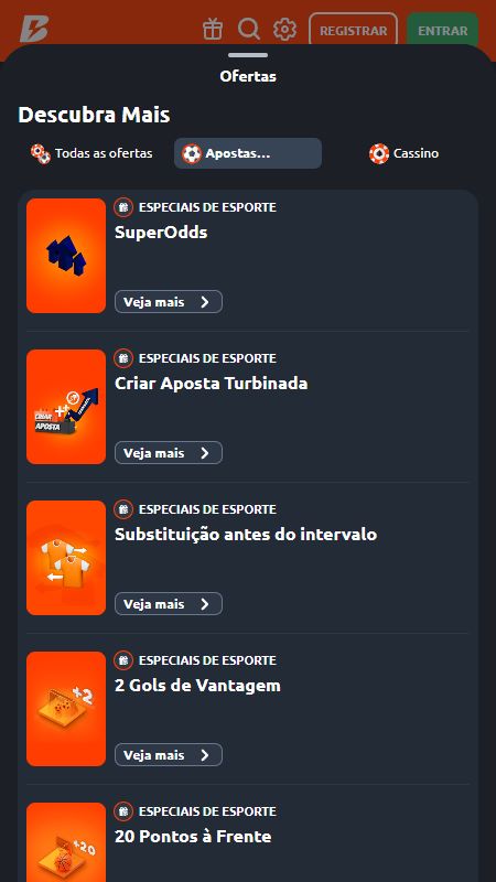 Página de promoções na Betano