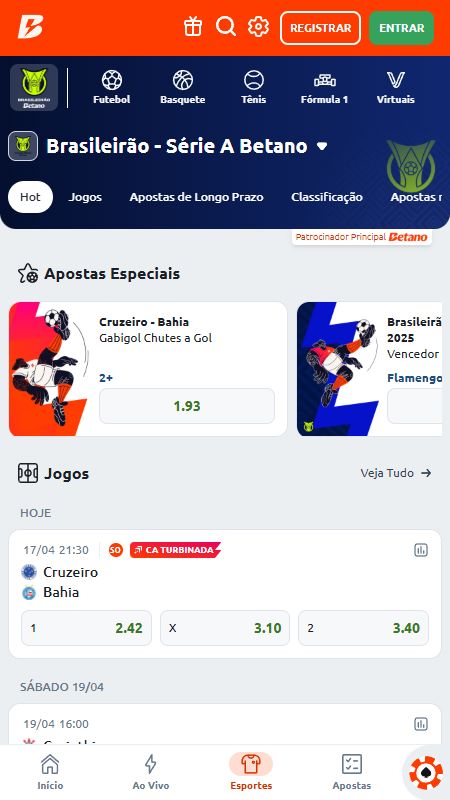 Seção de apostas esportivas online na Betano