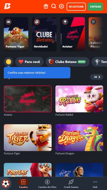 Seção de cassino online na Betano