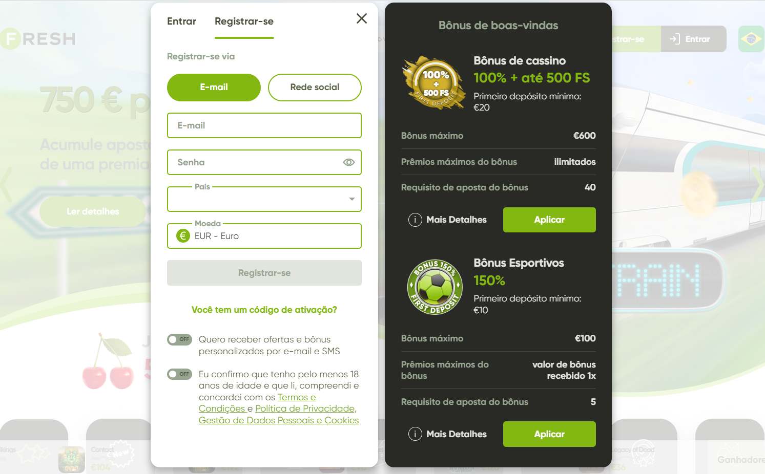 Registo no Fresh Casino