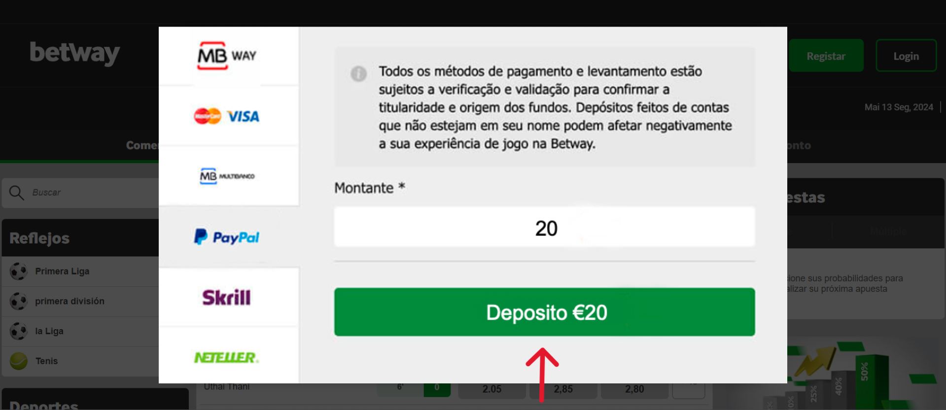 Depositar com PayPal Betway PT