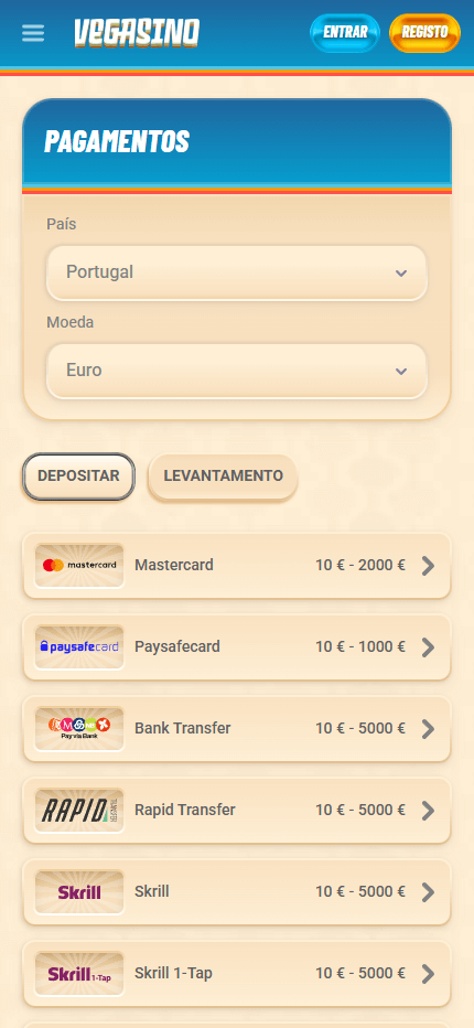 vegasino payments mobile