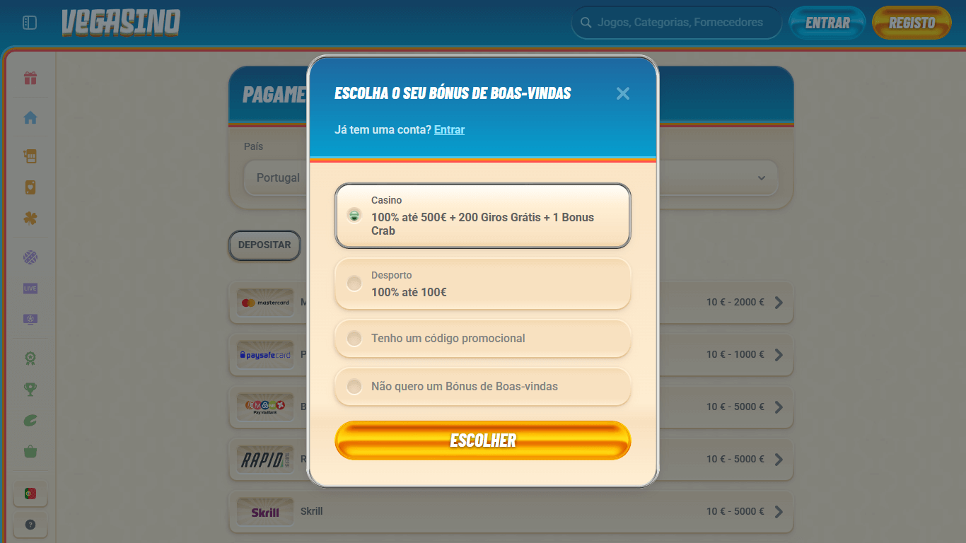 vegasino register step 1