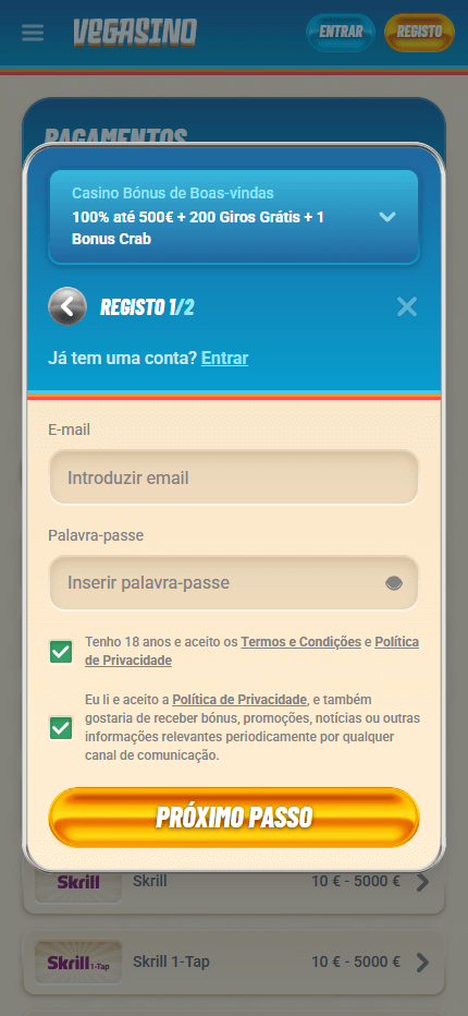 vegasino register step 2 mobile