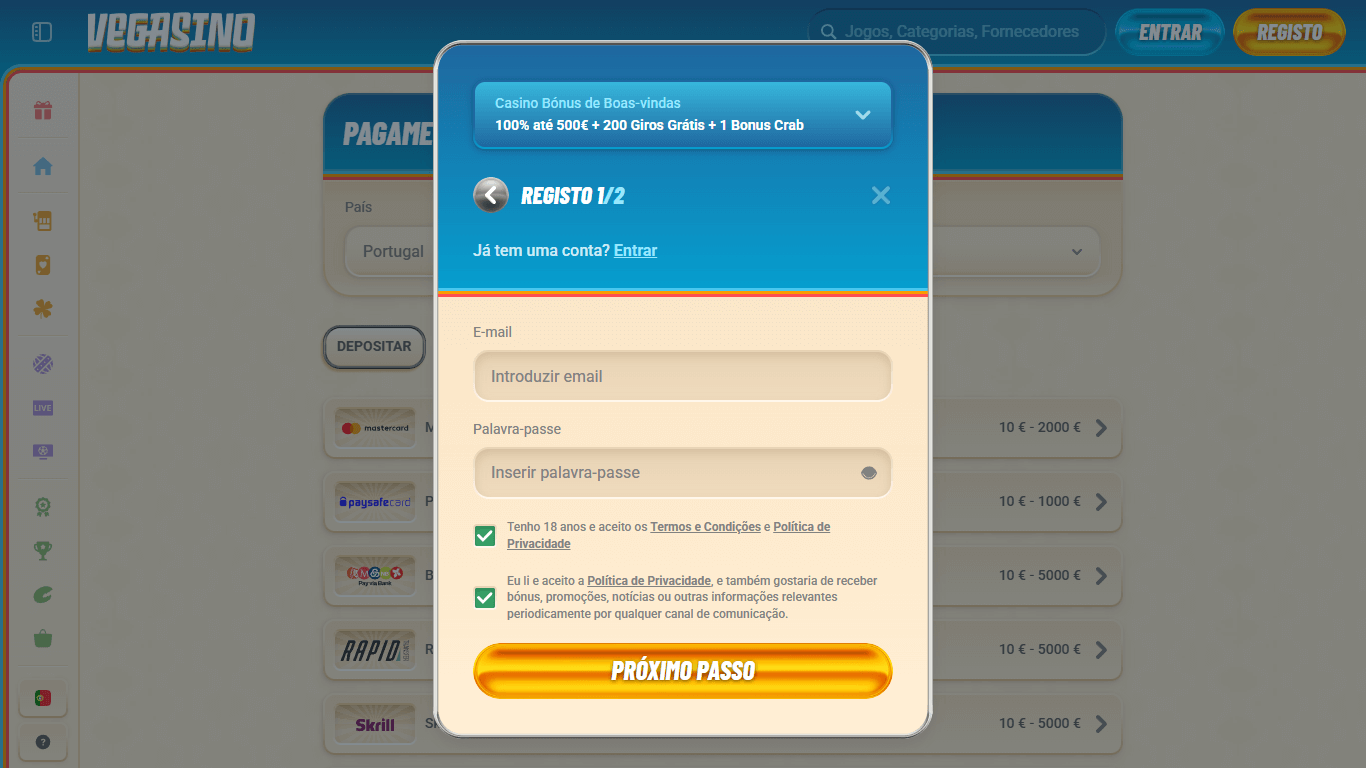 vegasino register step 2