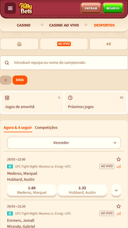 BillyBets Bookmaker betting on mma