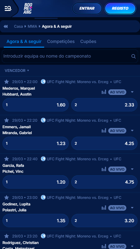 Boomerang-bet Bookmaker betting on mma