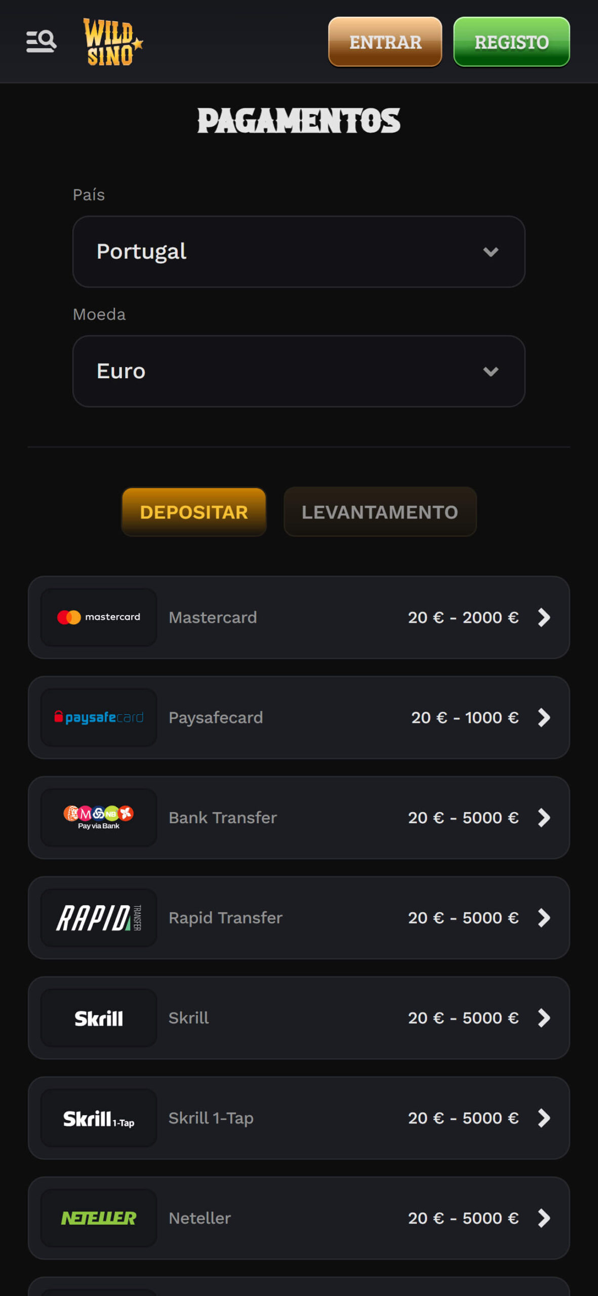 Wildsino Pagamentos Portugal (mobile), apostasdesportivas.tv