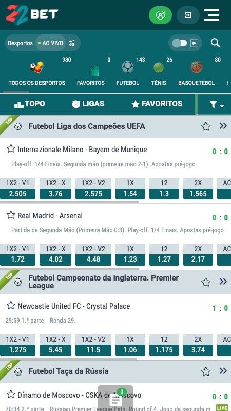 Interface de apostas ao vivo da 22Bet