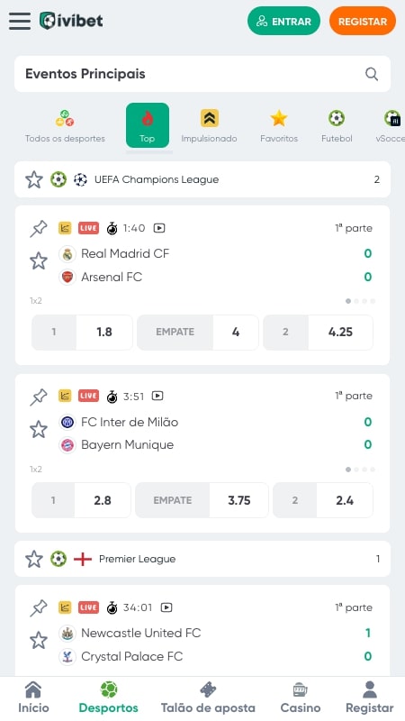 Interface de apostas ao vivo da Ivibet