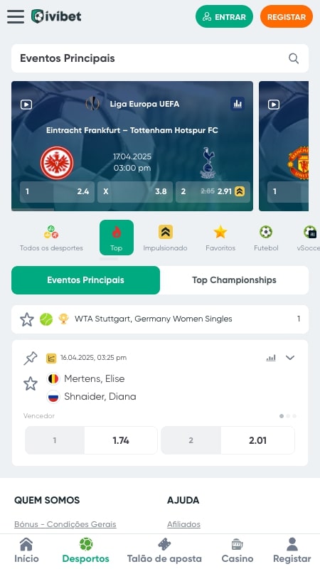 Interface de apostas desportivas da Ivibet