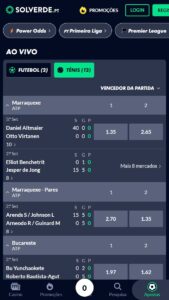 Interface de apostas ao vivo da Solverde