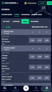 Interface de apostas desportivas da Solverde