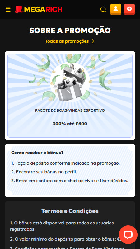 Bónus de Boas-Vindas da Megarich Bookmaker