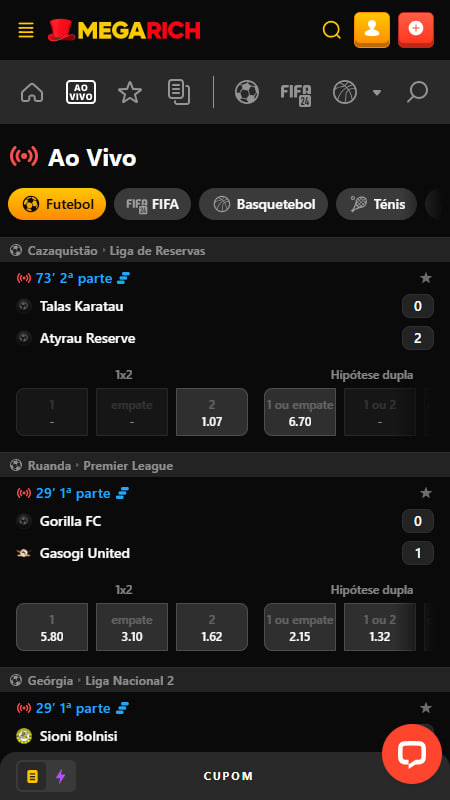 Apostas ao Vivo na Megarich