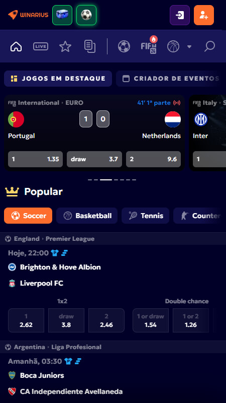 Winarius bookmaker sports page