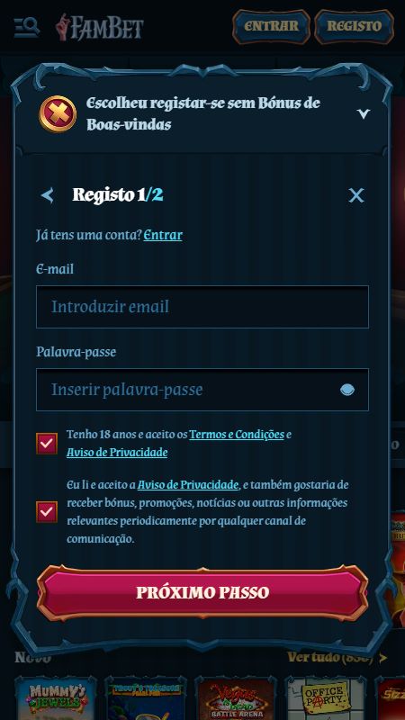 Criando uma conta na FamBet