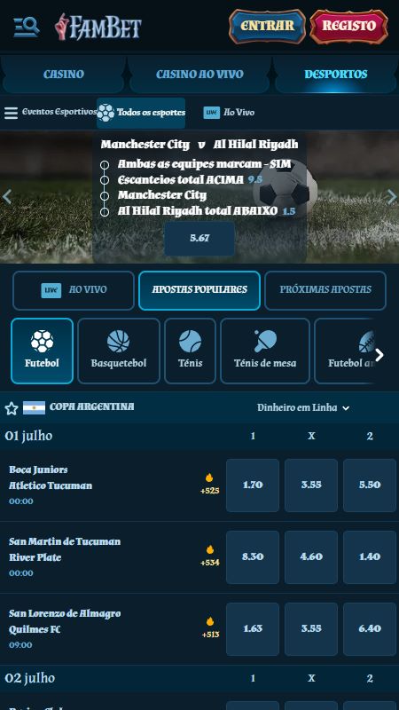 Seção de apostas esportivas online na FamBet