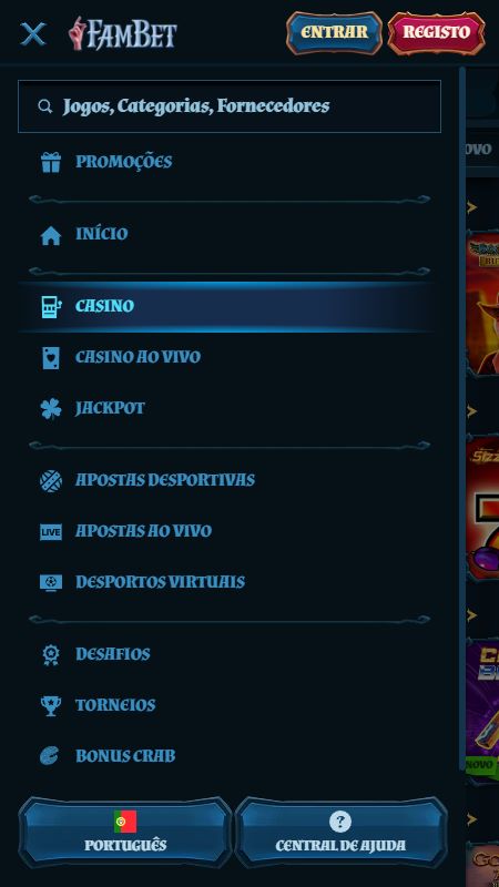 Explore as opções completas do menu do site da FamBet