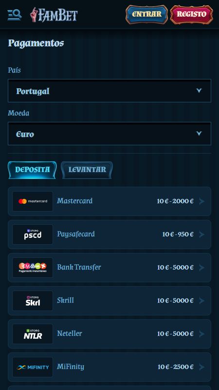 Seção de métodos de pagamento na FamBet
