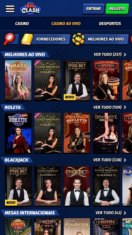 Interface do casino ao vivo BigClash
