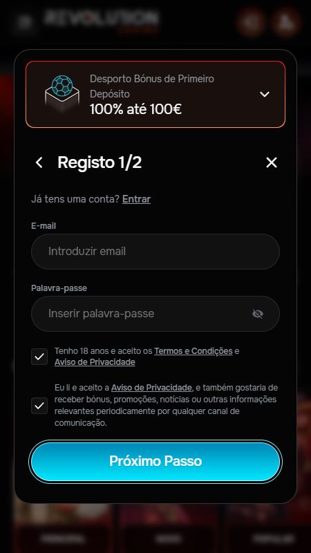 Criando uma conta na Revolition Casino