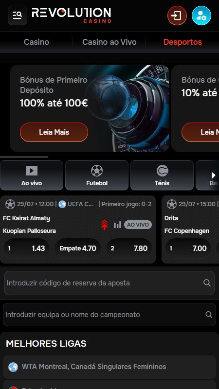 Seção de apostas esportivas online na Revolition Casino