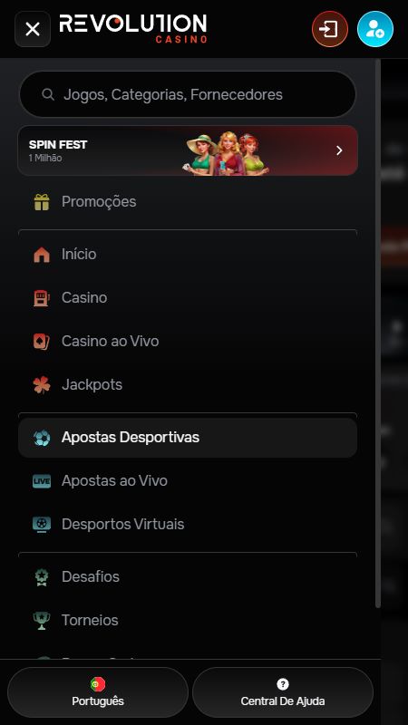 Explore as opções completas do menu do site da Revolition Casino