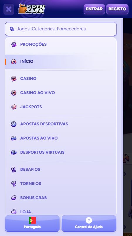Explore as opções completas do menu do site da spinbara