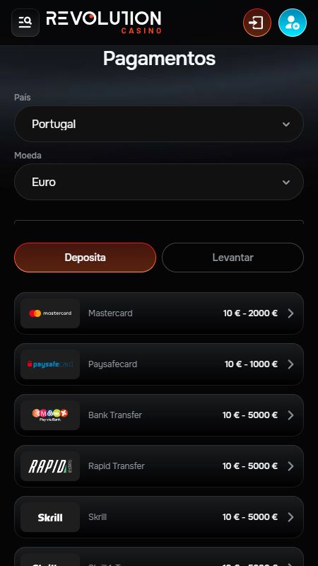 Seção de métodos de pagamento na Revolition Casino