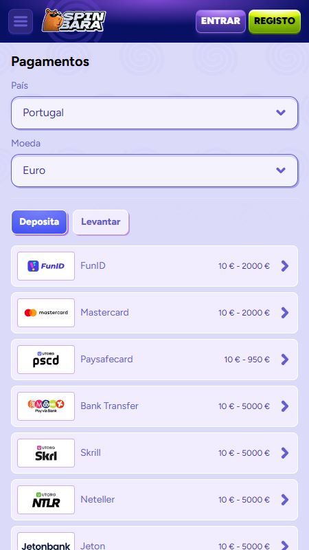 Seção de métodos de pagamento na spinbara