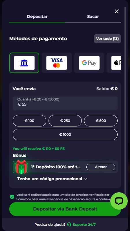 Seção de métodos de pagamento na spinoloco
