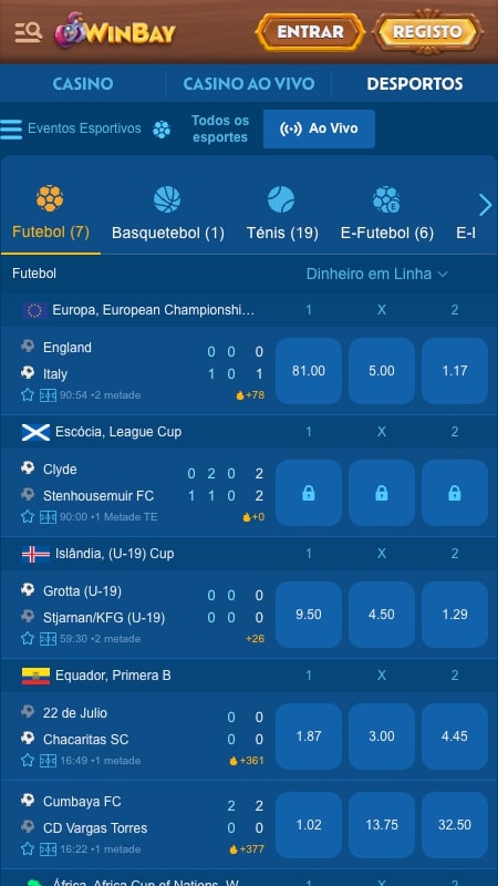 Interface de apostas ao vivo da Winbay