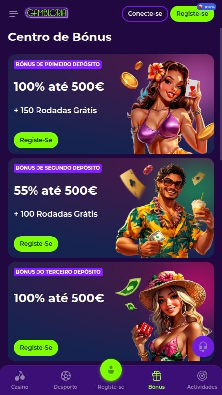 Página de promoções na Gambloria