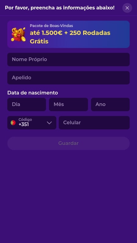 Criando uma conta na Gambloria