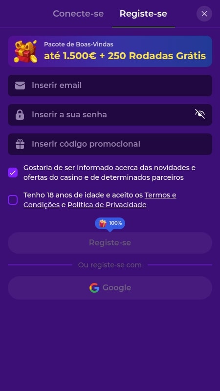 Criando uma conta na Gambloria