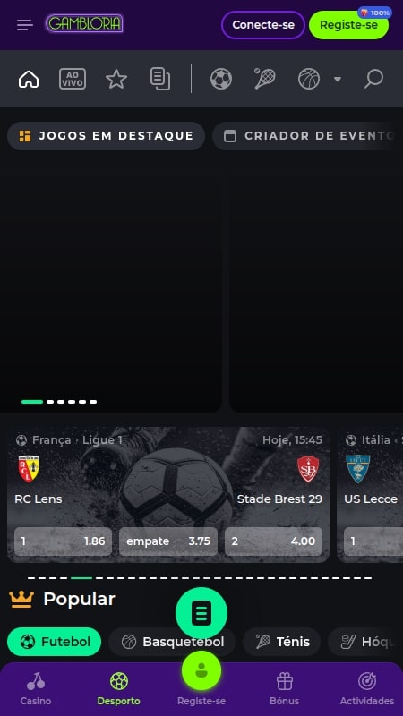 Seção de apostas esportivas online na Gambloria