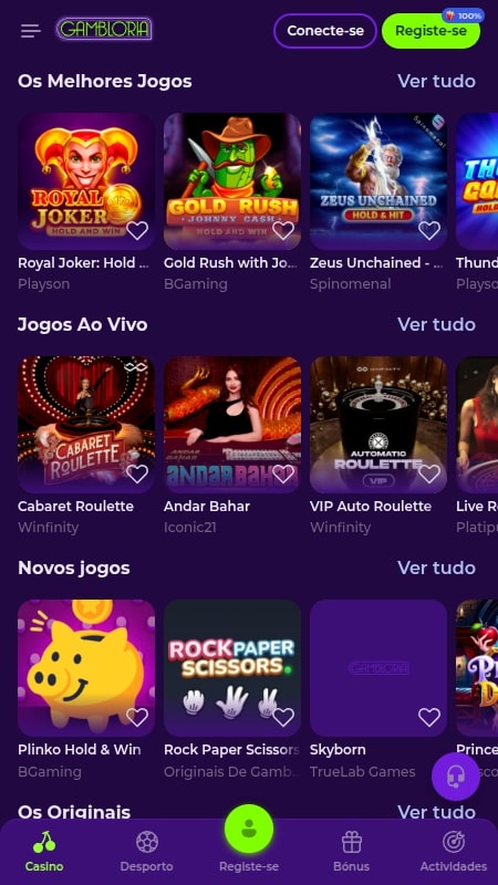 Seção de cassino online na Gambloria