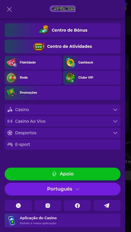 Explore as opções completas do menu do site da Gambloria