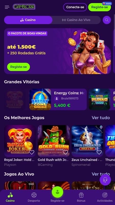 Página inicial da Gambloria online