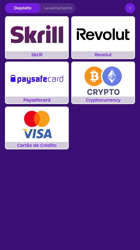 Seção de métodos de pagamento na Gambloria