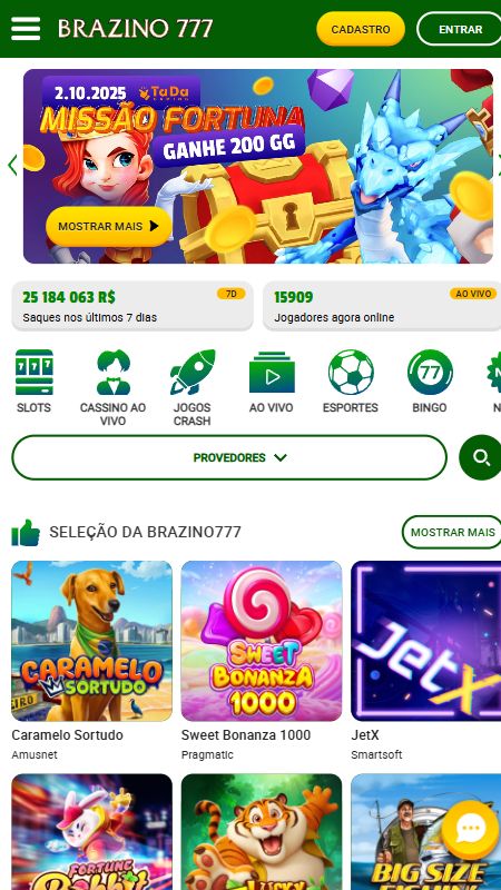 Página inicial da Brazino777 online